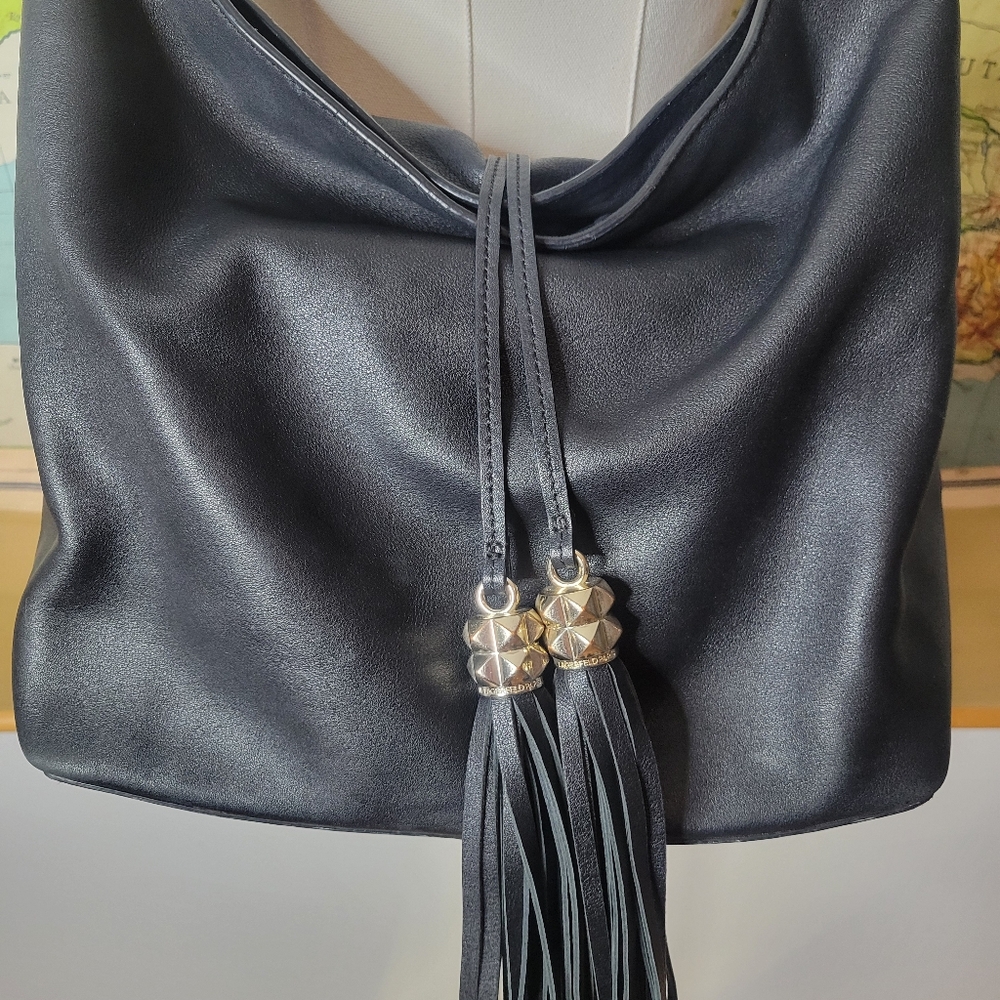 Karl Lagerfeld Paris Devon Hobo Bag Black With Tassels & Gold Hardware Purse - Picture 10 of 16